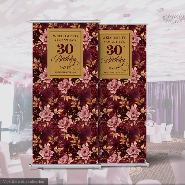 Elegant Burgundy Blush Gold Boho 30th Birthday Retractable Banner (Elegant Burgundy Blush Gold Boho 30th Birthday Retractable Banner)