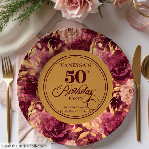 Elegant Burgundy Blush Gold Floral 50th Birthday Paper Plates