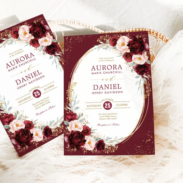Elegant Burgundy Blush Gold Flowers Wedding Invitation (Creator Uploaded)