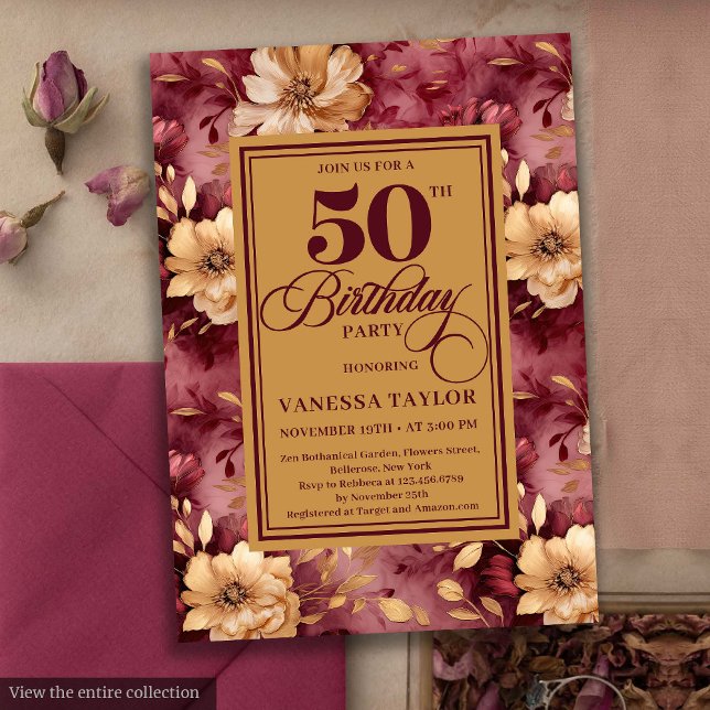 Elegant burgundy blush gold roses 50th birthday  invitation (Elegant burgundy blush gold roses 50th birthday invite

)