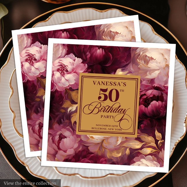 Elegant Burgundy Blush Gold Roses 50th Birthday  Paper Dinner Napkins (Elegant Burgundy Blush Gold Roses 50th Birthday Paper Dinner Napkins )