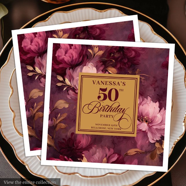 Elegant Burgundy Blush Gold Roses 50th Birthday Paper Dinner Napkins (Elegant Burgundy Blush Gold Roses 50th Birthday Paper Dinner Napkins)
