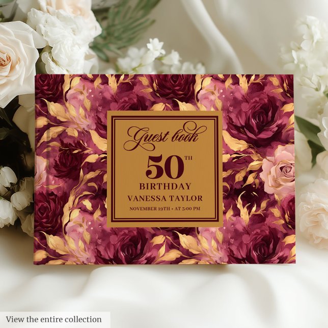 Elegant burgundy blush gold roses 50th guest book (Elegant Boho Burgundy Gold Floral 50th Guest Book)