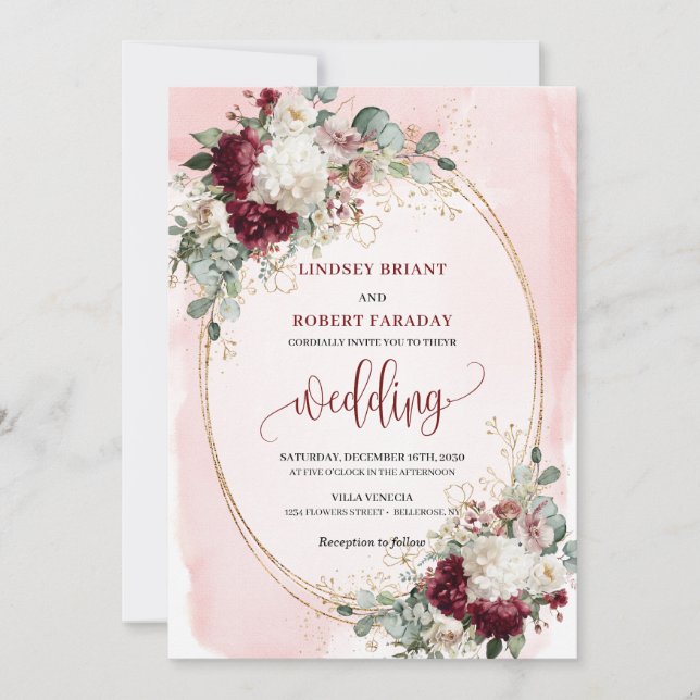 Elegant burgundy blush gold roses wedding invites (Front)