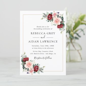 Elegant Burgundy Blush Greenery Floral Wedding Invitation | Zazzle