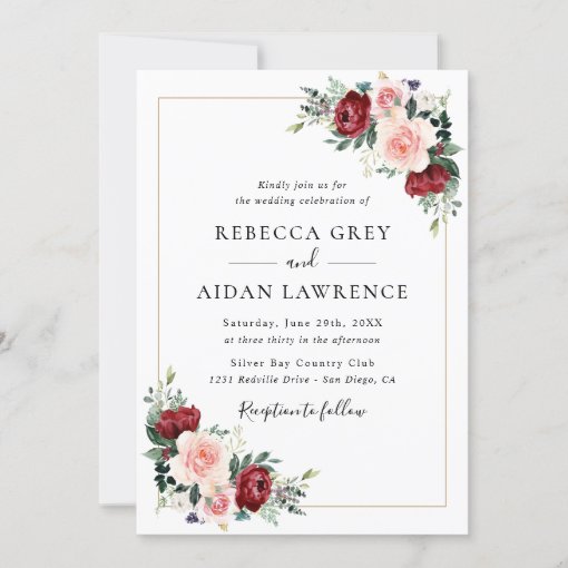 Elegant Burgundy Blush Greenery Floral Wedding Invitation | Zazzle