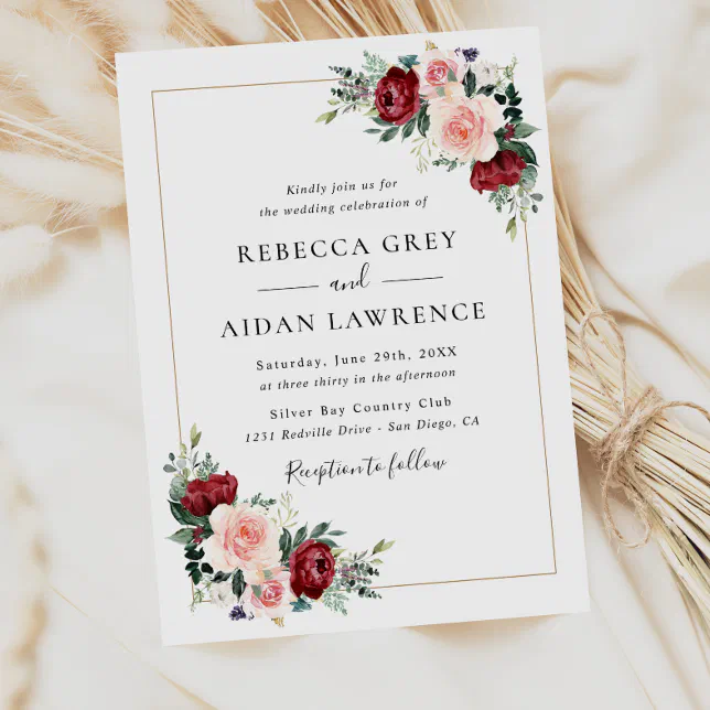 Elegant Burgundy Blush Greenery Floral Wedding Invitation | Zazzle