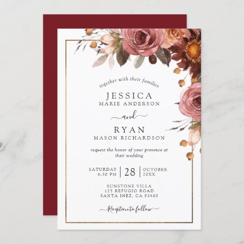 Elegant Burgundy Blush Honey Floral Wedding Invitation