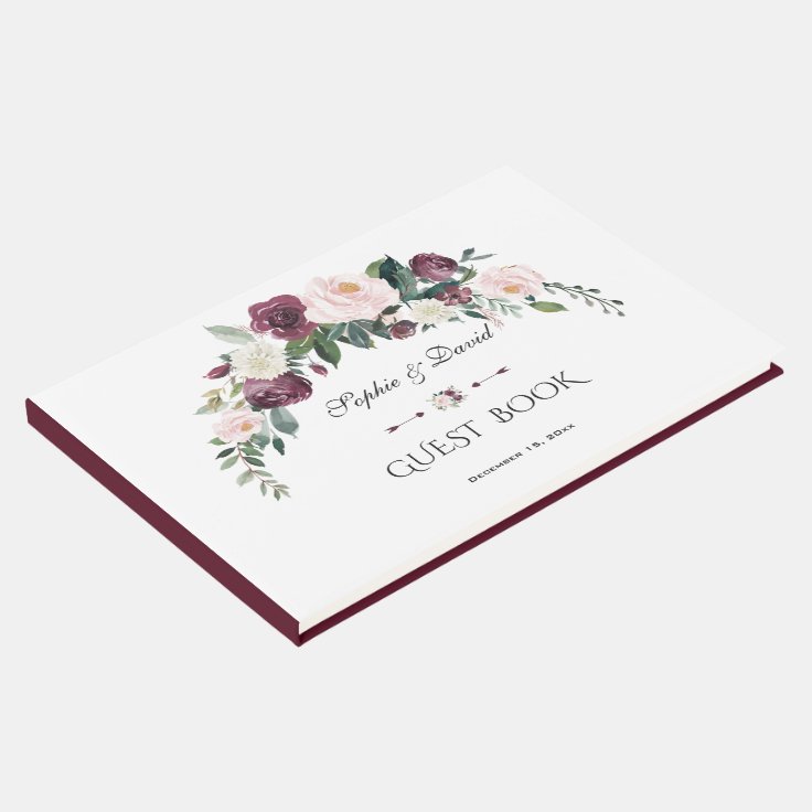 Elegant Burgundy Blush Ivory Floral Wedding Guest Book | Zazzle