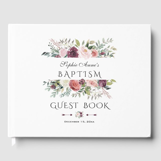 Elegant Burgundy Blush Ivory Floral Wreath Baptism Guest Book (Front)