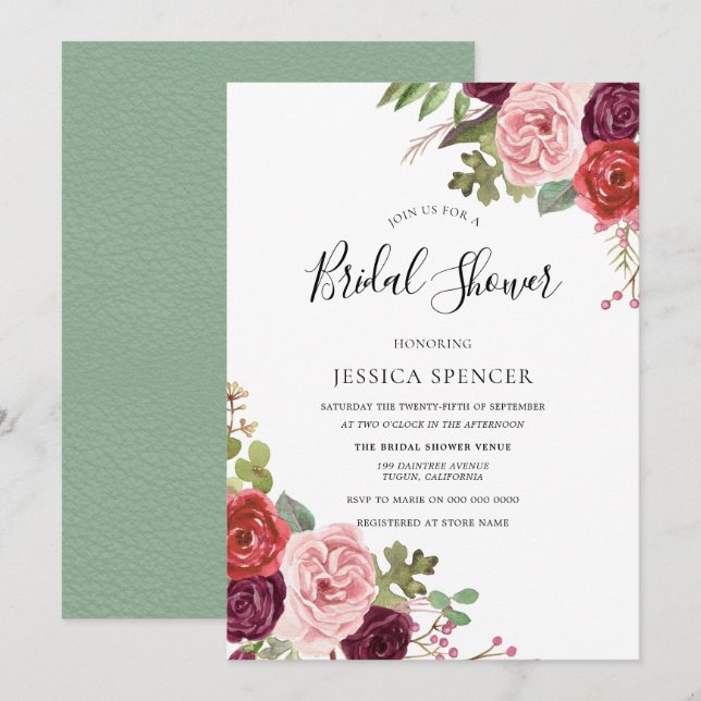 Elegant Burgundy Blush Mint Bridal Shower Invite (Front/Back)
