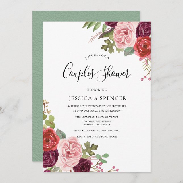 Elegant Burgundy Blush Mint Couples Shower Invite (Front/Back)