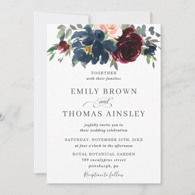 Elegant Burgundy Blush Navy Blue Floral Wedding Invitation (Front)
