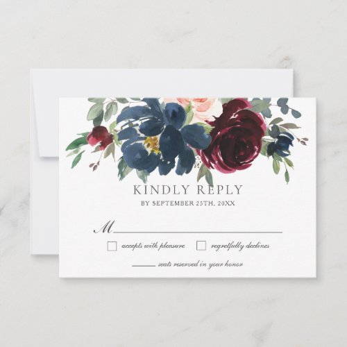 Elegant Burgundy Blush Navy Blue Floral Wedding RSVP Card