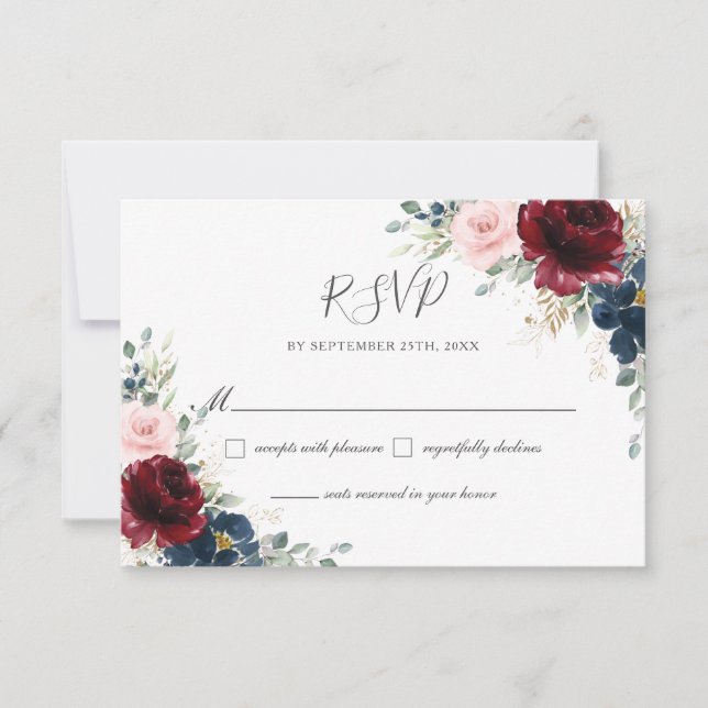 Elegant Burgundy Blush Navy Blue Floral Wedding RSVP Card (Front)