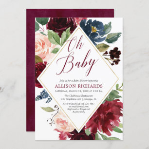 Elegant burgundy blush navy floral baby shower invitation