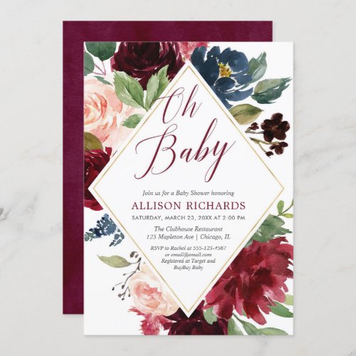 Elegant burgundy blush navy floral baby shower invitation