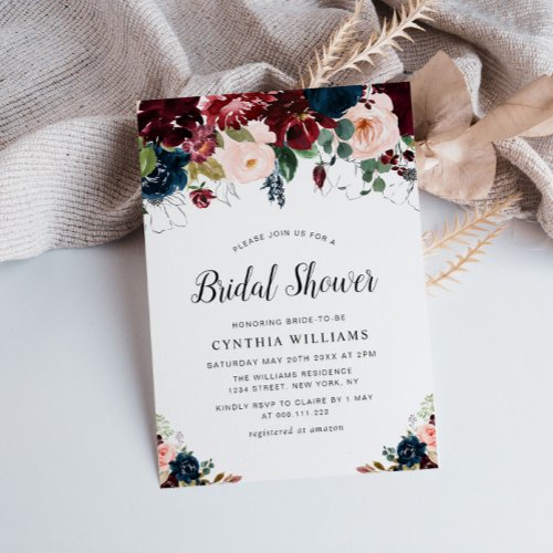 elegant burgundy blush navy floral Bridal shower Invitation