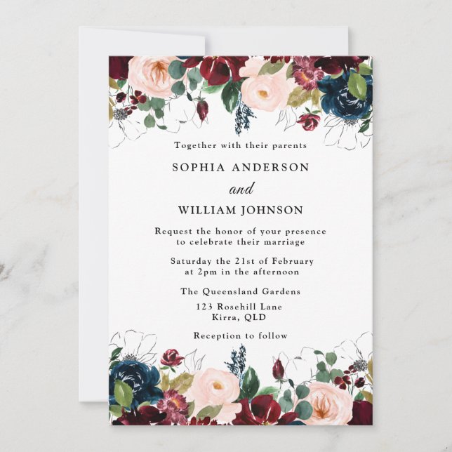 Elegant Burgundy, Blush & Navy Watercolor Wedding Invitation (Front)