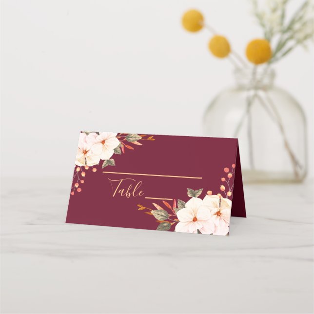 Elegant Burgundy Blush Orange Floral Place Card (Front)