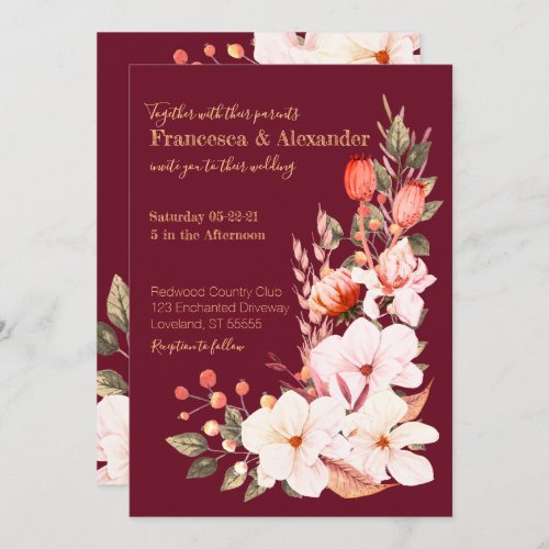 Elegant Burgundy Blush Orange Floral Wedding Invitation