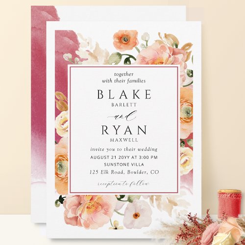 Elegant Burgundy Blush Peach Botanical Wedding Invitation