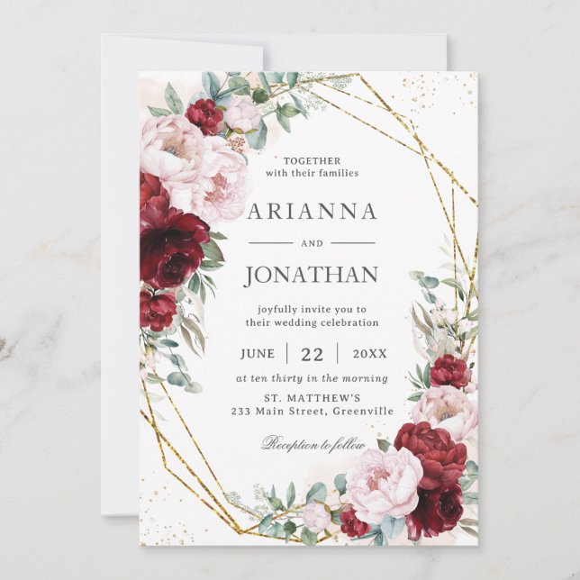 Elegant Burgundy Blush Peonies Floral Gold Wedding Invitation (Front)