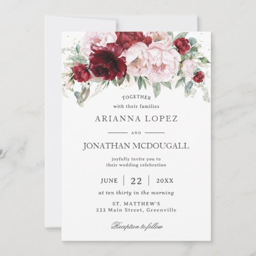 Elegant Burgundy Blush Peonies Rose Floral Wedding Invitation