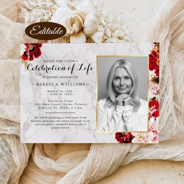 Elegant Burgundy Blush Photo Celebration of life Invitation (Creator Uploaded)
