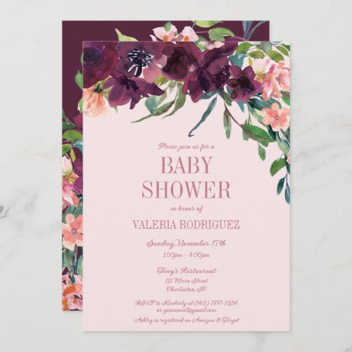 Elegant Burgundy Blush Pink Floral Baby Shower Invitation