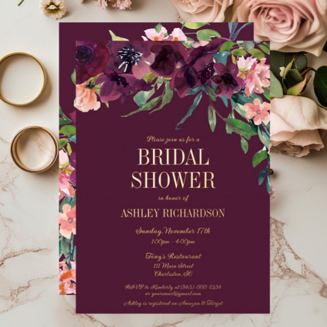 Elegant Burgundy Blush Pink Floral Bridal Shower Foil Invitation (Burgundy & Blush Floral Autumn Bridal Shower Foil Invitation)