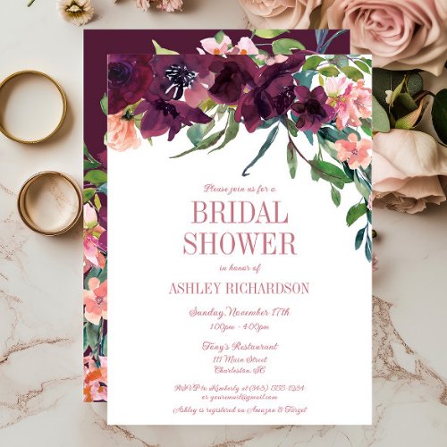 Elegant Burgundy Blush Pink Floral Bridal Shower Invitation