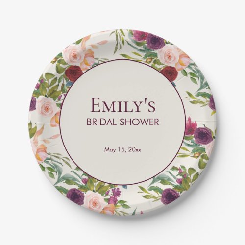 Elegant Burgundy Blush Pink Floral Bridal Shower Paper Plates