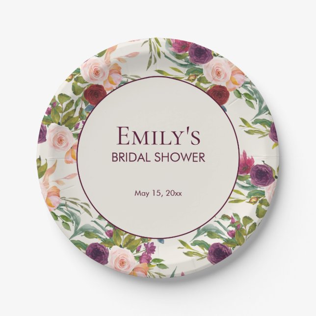 Elegant Burgundy Blush Pink Floral Bridal Shower Paper Plates (Front)