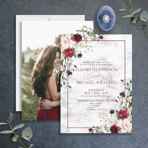 Elegant Burgundy Blush Pink Floral Photo Wedding Invitation