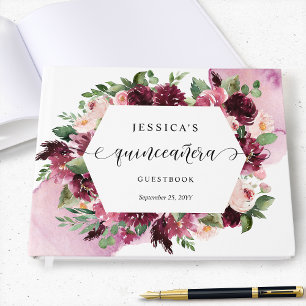 Elegant Burgundy, Blush, Pink Floral Quinceañera Guest Book