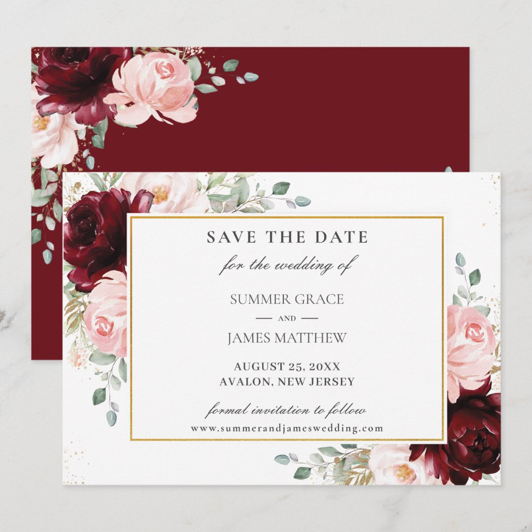 Elegant Burgundy Blush Pink Floral Roses Wedding Save The Date | Zazzle