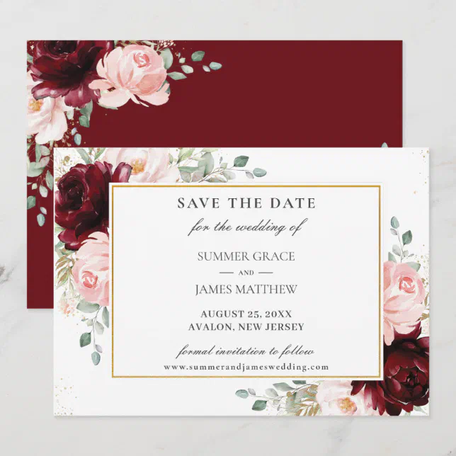 Elegant Burgundy Blush Pink Floral Roses Wedding Save The Date | Zazzle
