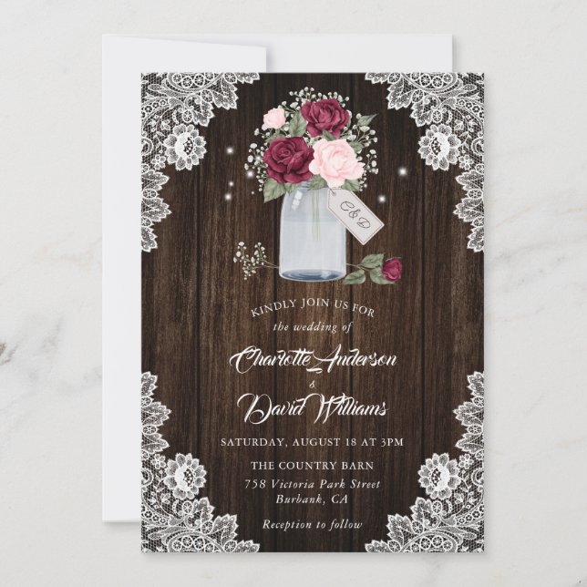 Elegant Burgundy Blush Pink Floral Wedding Invitation (Front)