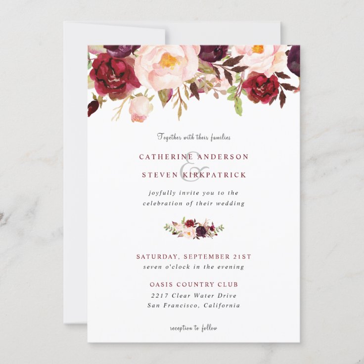 Elegant Burgundy Blush Pink Floral Wedding Invitation | Zazzle