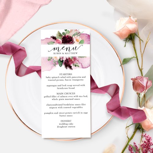 Elegant Burgundy Blush Pink Floral Wedding Menu