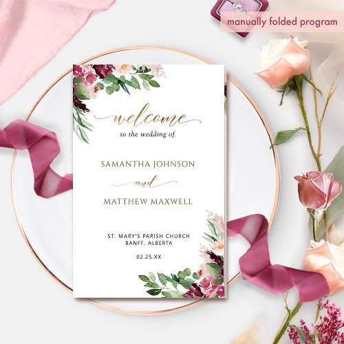 Elegant Burgundy Blush Pink Floral Wedding Program