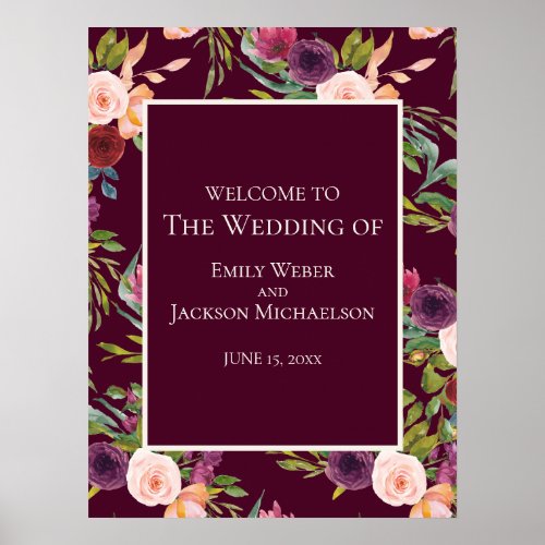 Elegant Burgundy Blush Pink Floral Wedding Welcome Poster