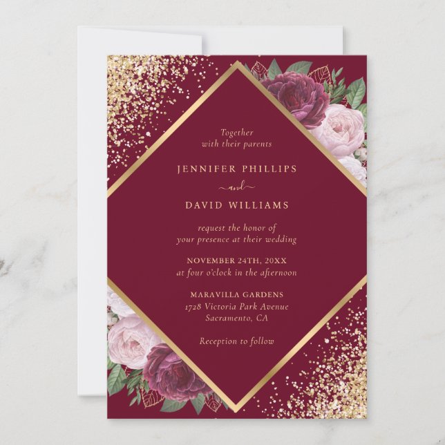 Elegant Burgundy Blush Pink Gold Floral Wedding Invitation (Front)