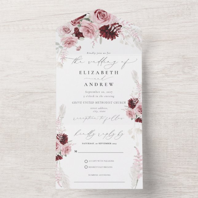 Elegant Burgundy Blush Pink Roses Floral Wedding All In One Invitation (Inside)
