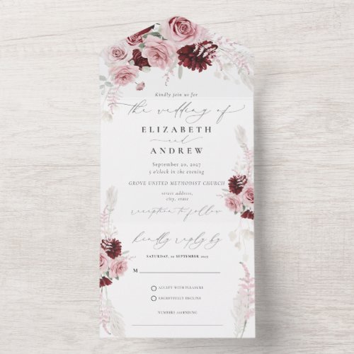 Elegant Burgundy Blush Pink Roses Floral Wedding All In One Invitation