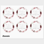 Elegant Burgundy Blush Pink Roses Floral Wedding Classic Round Sticker<br><div class="desc">This Wedding Square Sticker is a stunning way to add a touch of beauty and sophistication to your wedding favors or other decor items. The combination of the rich burgundy and soft dusty pink tones, along with the delicate textures of the pampas grass, creates a captivating and eye-catching design. The...</div>