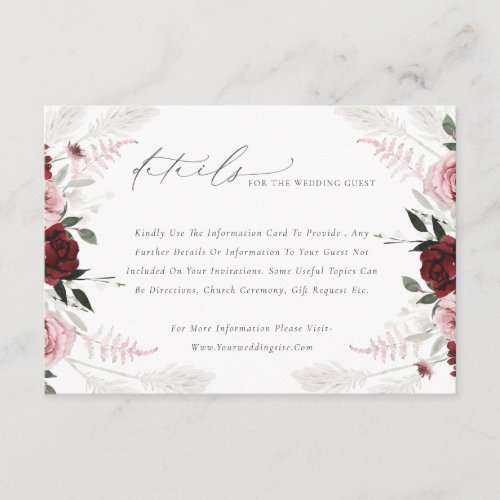 Elegant Burgundy Blush Pink Roses Floral Wedding Enclosure Card