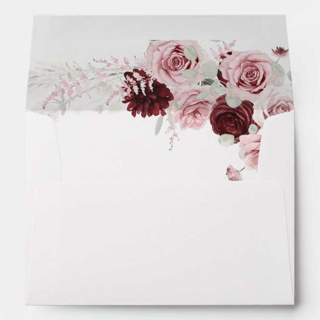 Elegant Burgundy Blush Pink Roses Floral Wedding  Envelope (Back (Bottom))