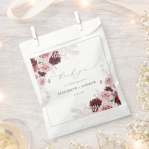 Elegant Burgundy Blush Pink Roses Floral Wedding  Favor Bag